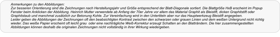 Anmerkungen zu den Abbildungen: Zur besseren Orientierung sind die Zeichnungen nach Herstellungsjahr und Gre entsprechend der Blatt-Diagonale sortiert. Die Blattgre HxB erscheint im Popup Fenster beim Anklicken der Abbildung. Heinrich Mutter verwendete ab Anfang der 70er Jahre vor allem das Material Graphit als Bleistift, dicken Graphitstift oder Graphitstaub und manchmal zustzlich zur Betonung Kohle. Zur Vereinfachung wird in den Untertiteln aber nur das Hauptwerkzeug Bleistift angegeben. Leider geben die Abbildungen der Zeichnungen oft den beabsichtigten Kontrast zwischen den schwarzen oder grauen Linien und dem weien Untergrund nicht richtig wieder. Das weie Papier erscheint oft leicht grau  oder eine nachtrgliche Wei-Korrektur erzeugt Schatten an den Blattrndern. Die hier zusammengestellten Abbildungen knnen deshalb die originalen Zeichnungen nicht vollstndig in ihrer Wirkung wiedergeben.